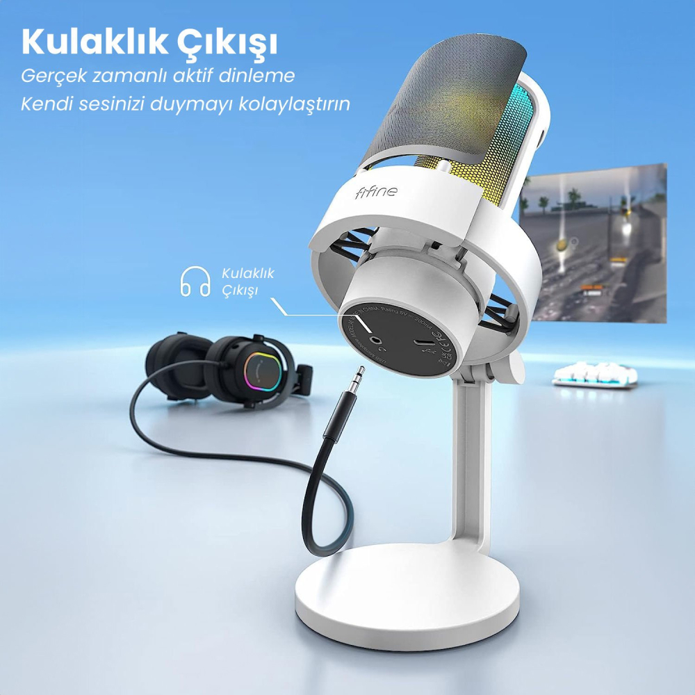Fifine Ampligame A8 USB Yayıncı Beyaz Gaming Mikrofon