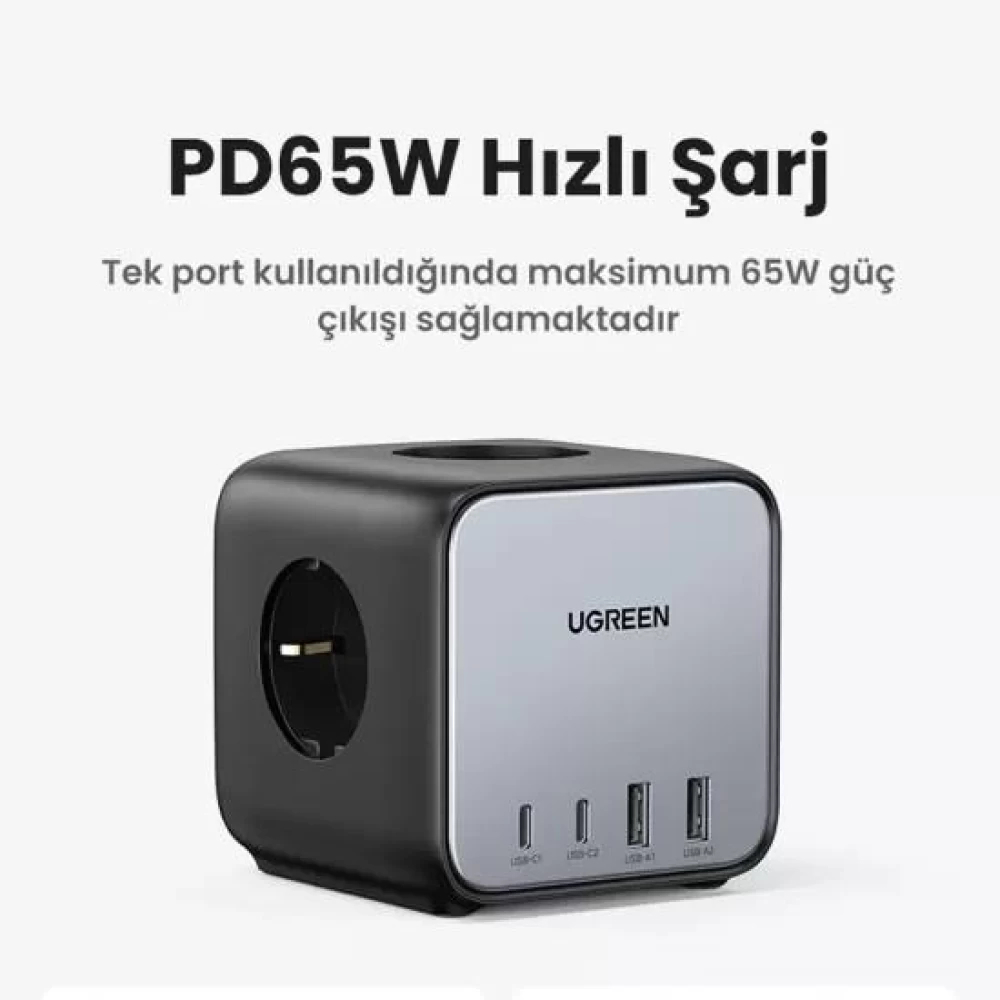 UGREEN DigiNest Cube 65W GaN 2 Hızlı Şarj Cihazı 2xUSB-C 2xUSB-A 3 lü Akım Korumalı Grup Priz 60113