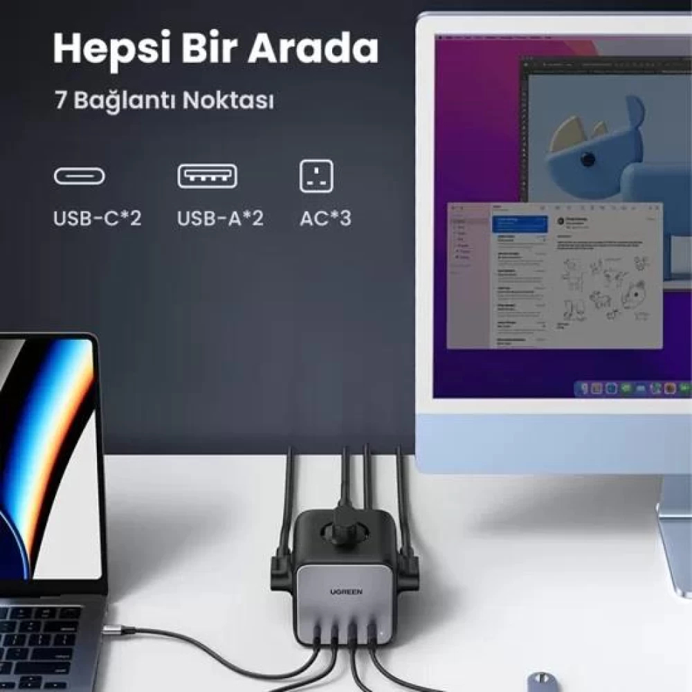 UGREEN DigiNest Cube 65W GaN 2 Hızlı Şarj Cihazı 2xUSB-C 2xUSB-A 3 lü Akım Korumalı Grup Priz 60113