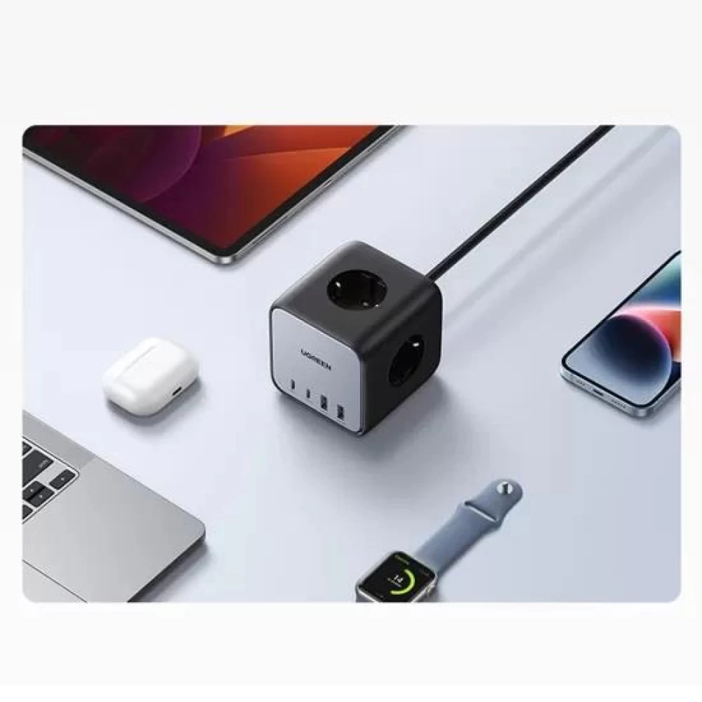 UGREEN DigiNest Cube 65W GaN 2 Hızlı Şarj Cihazı 2xUSB-C 2xUSB-A 3 lü Akım Korumalı Grup Priz 60113
