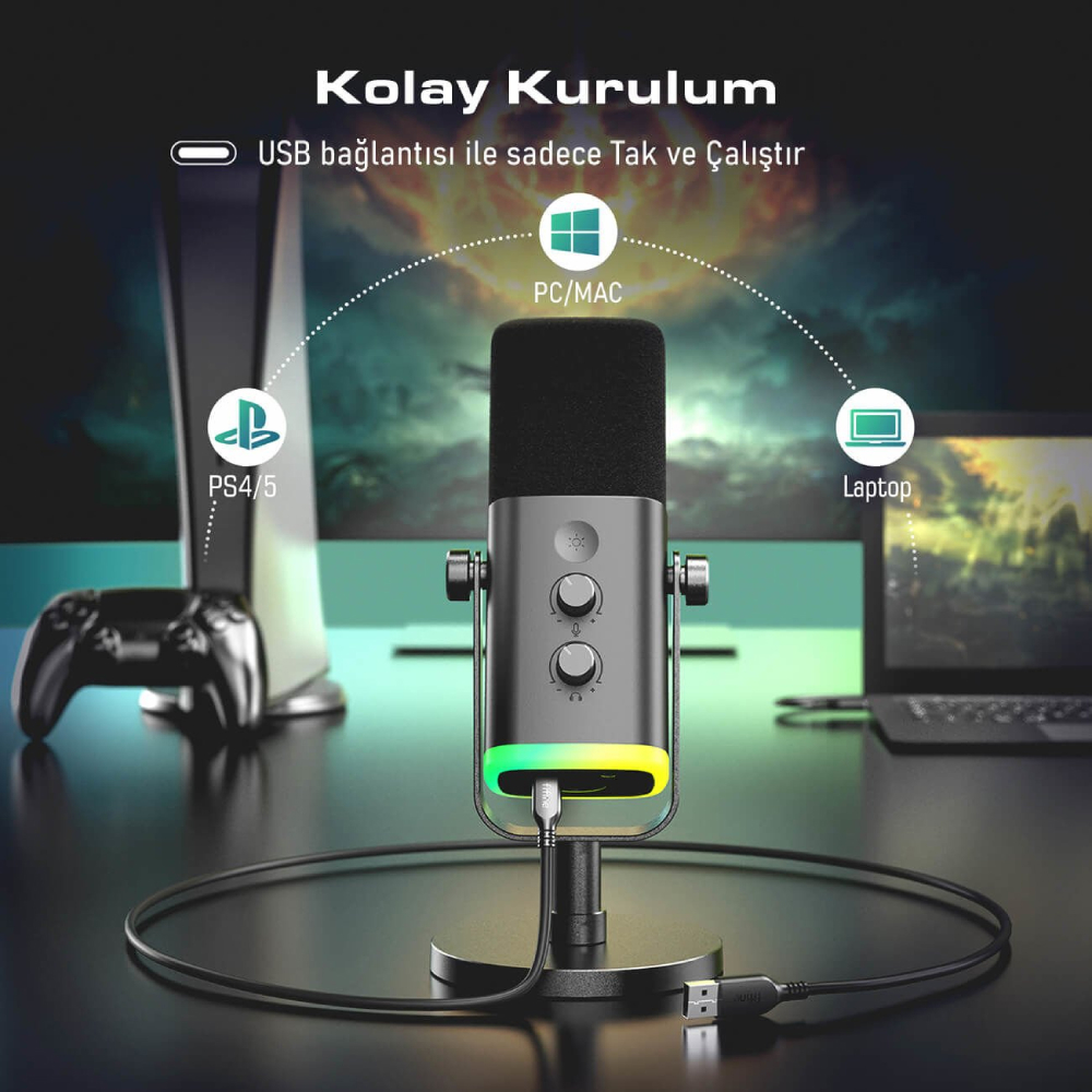 Fifine AM8 XLR USB RGB Dinamik Cardioid Yayıncı Mikrofonu