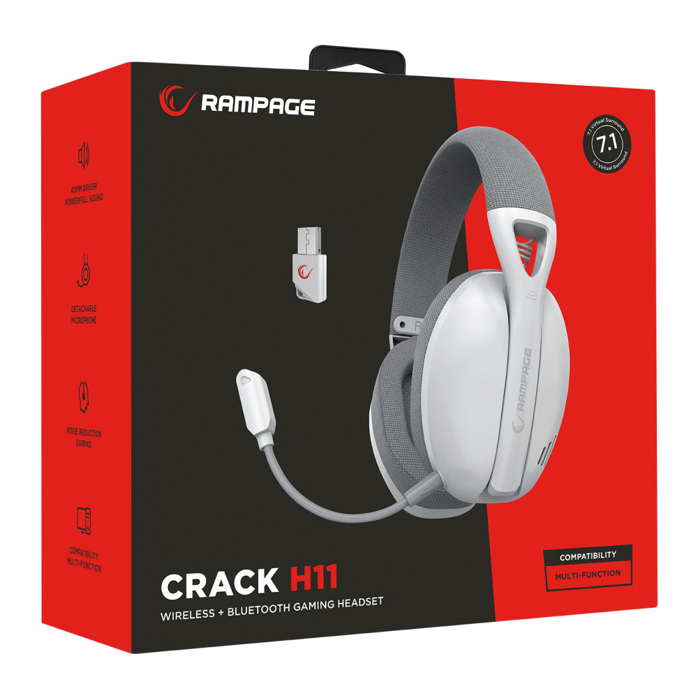 Rampage Crack H11 Beyaz/Gri Wireless 2.4G+ Bluetooth Mikrofonlu Oyuncu Kulaklığı