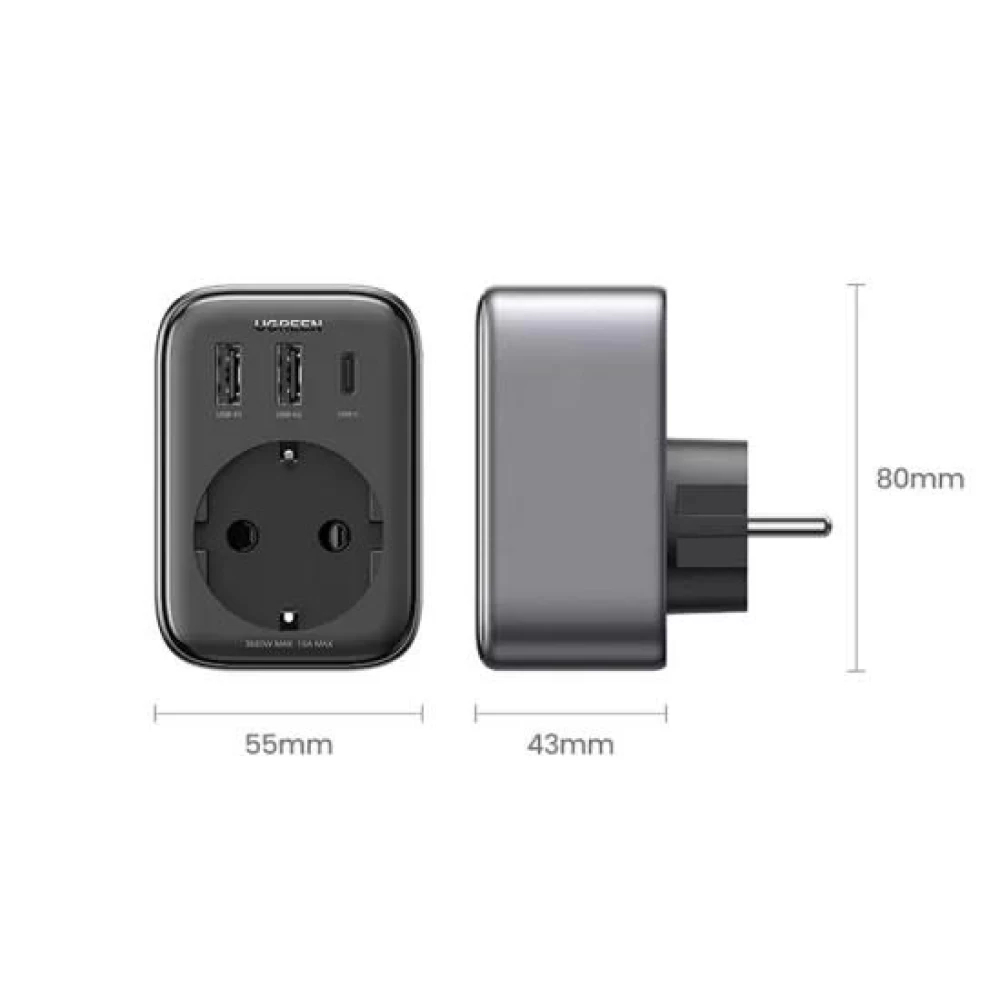 UGREEN 30W GaN Hızlı Şarj Cihazı 2XUSB ve Type-C Akım Korumalı Duvar Prizi