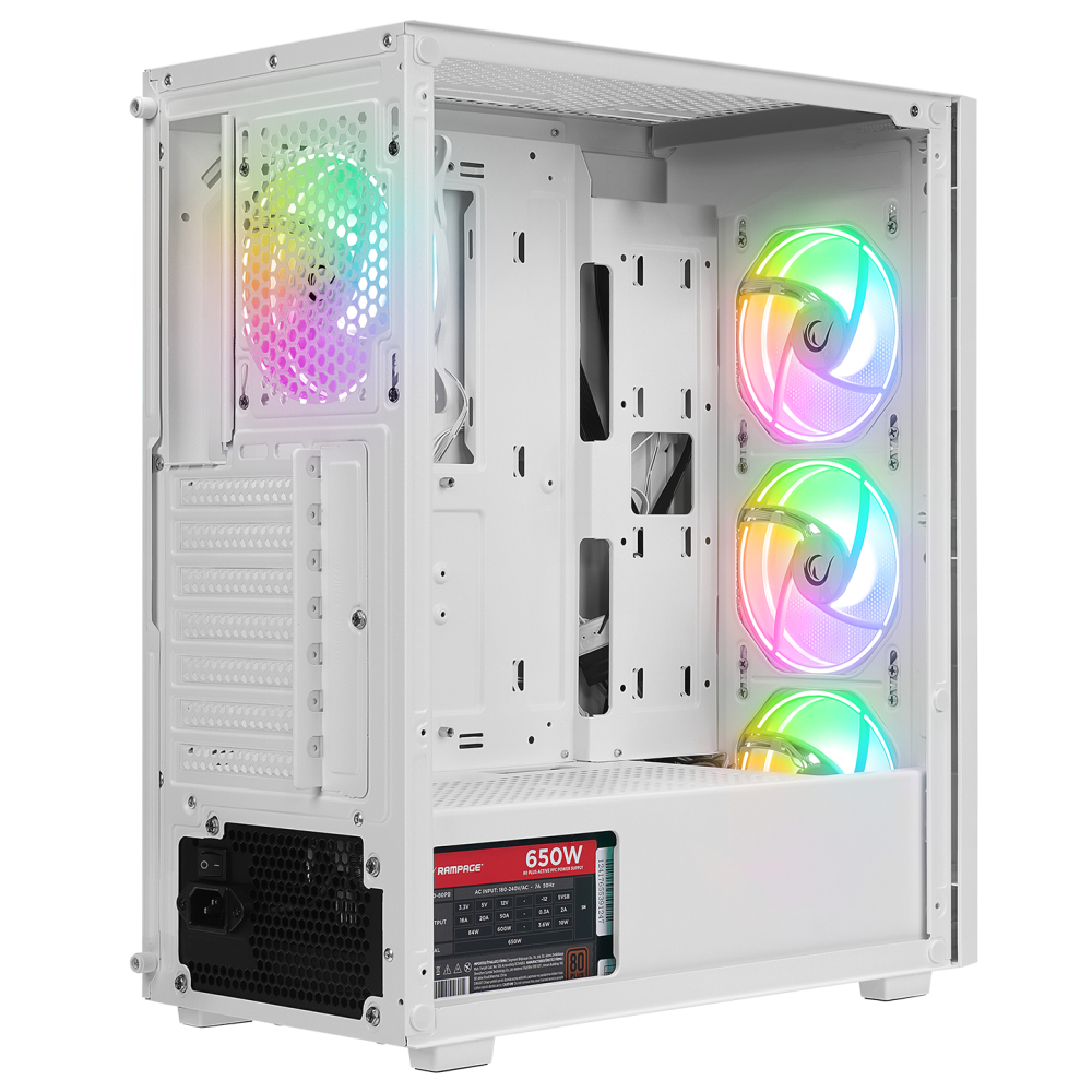 Rampage VIGILANT Mesh 650W 80+ BRONZE Temperli Camlı RGB Fan Beyaz ATX Mid Tower Gaming Kasa