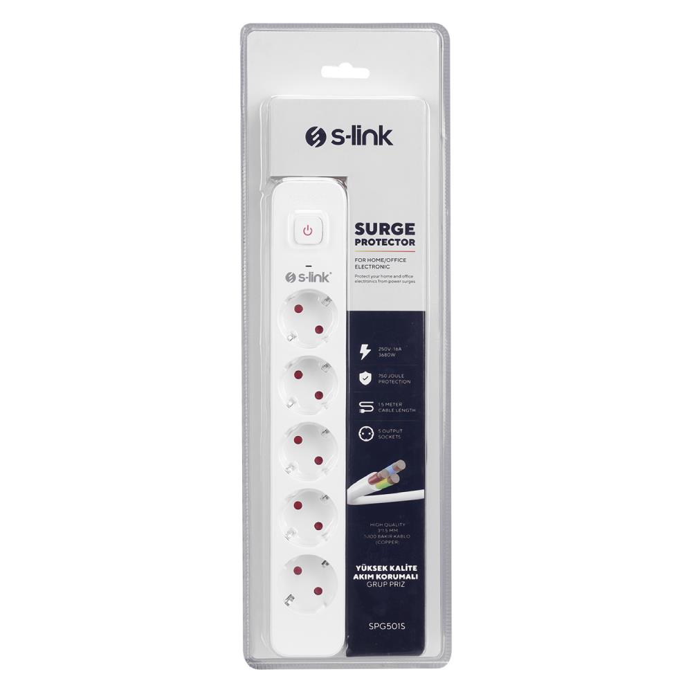 S-link SPG501S 1.5m 1.5mm Bakır 750 Joule 5li Anahtarlı Akım Korumalı Priz