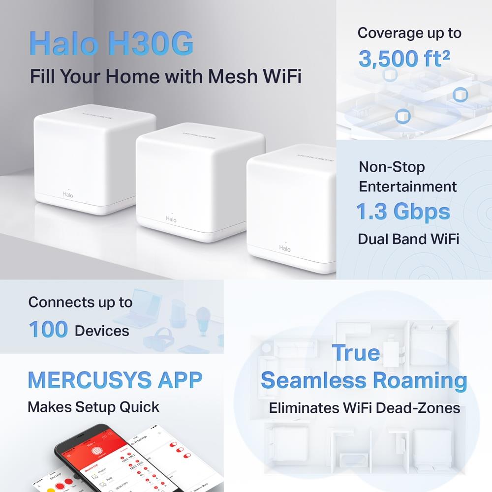 Mercusys Halo H30G Yeni Gelen AC1300 Bütün Ev Wi-Fi Mesh Sistem