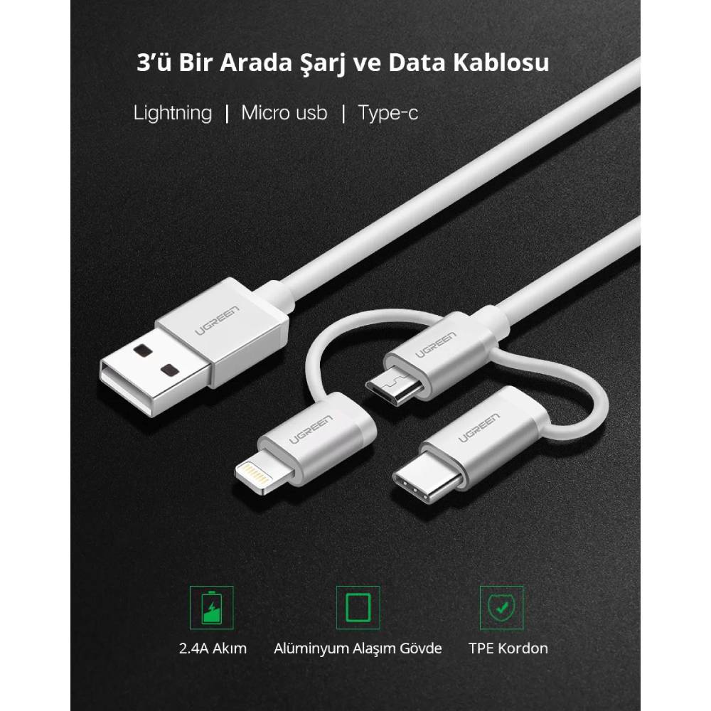 Ugreen iOS Lightning Type-C Micro USB 3 in 1  1M Siyah Şarj ve Data Kablosu