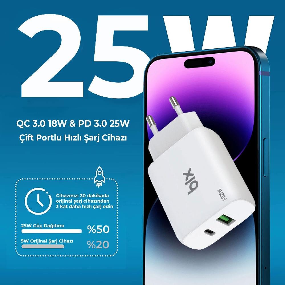 Bix 25W USB Type-C PD Çift Portlu Hızlı Şarj Cihazı Beyaz
