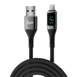 Juo 12W Dijital Led Ekranlı USB-A Lightning İphone İpad Örgülü Siyah Data Ve Hızlı Şarj Kablosu 2 Metre