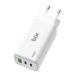 Bix BX3P66G GaN 65W Type-C USB 3.0 ve USB-A QC Üç Portlu Beyaz Hızlı Şarj Cihazı