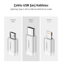 Ugreen iOS Lightning Type-C Micro USB 3 in 1  1M Siyah Şarj ve Data Kablosu