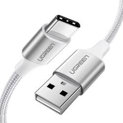 UGREEN Type-C to USB-A 3A QC 2 Metre Gümüş Beyazı Örgülü Hızlı Şarj Kablosu